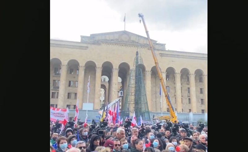 აქციის პარალელურად პარლამენტის წინ ნაძვის ხეს აწყობენ