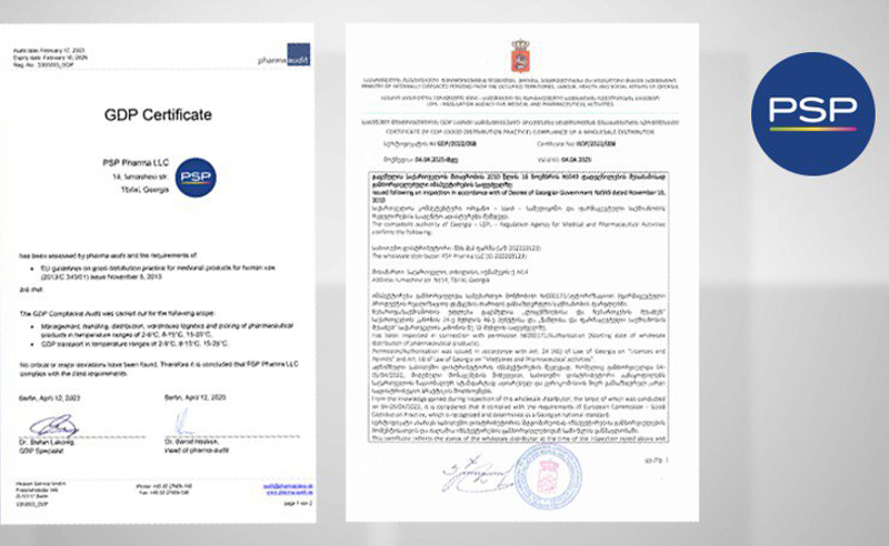 PSP Pharma-ს თბილისსა და ქუთაისში მდებარე საწყობებმა ბოლო ერთი წლის განმავლობაში GDP-ს სტანდარტის შესაბამისობის ნაციონალური და საერთაშორისო აუდიტები წარმატებით გაიარა