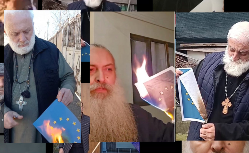 ევროკავშირის დროშების დაწვის კამპანია სასულიერო პირების მონაწილეობით - საპატრიარქო დუმს