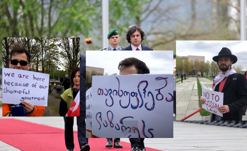 "მონა, არა რუსულ კანონს" - კობახიძეს ბერლინში ქართველები აქციით და შეძახილებით დახვდნენ