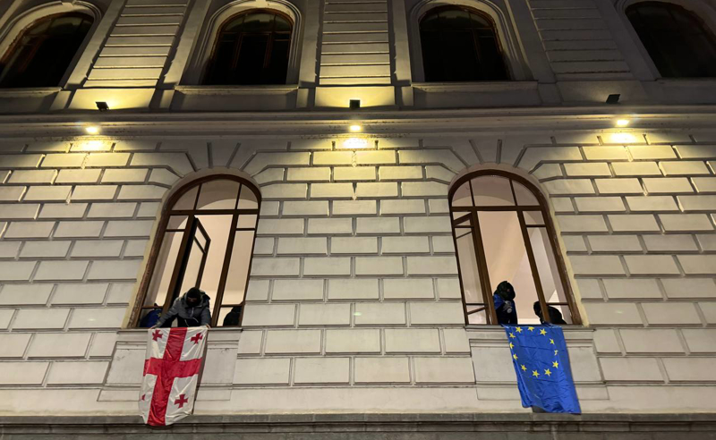სტუდენტებმა თსუ-ის ფანჯრებიდან საქართველოს და ევროკავშირის დროშები გადმოფინეს