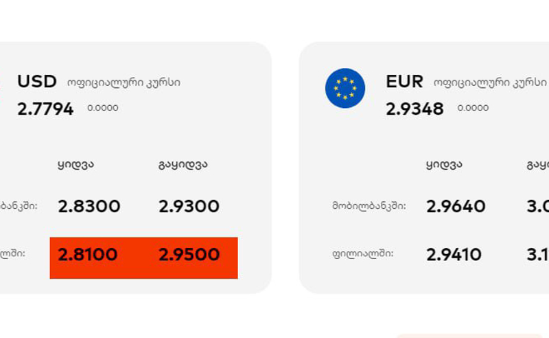 ერთი დოლარი უკვე 2,95 ლარი ღირს