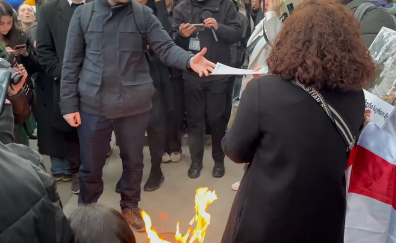 პროტესტი განათლების სამინისტროსთან - სტუდენტებმა "ოცნების" წევრების რუსულენოვანი დიპლომები დაწვეს